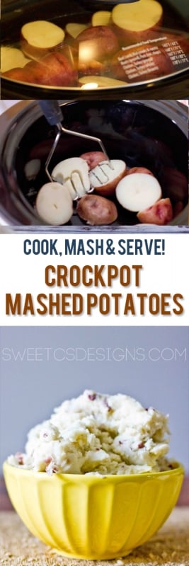 potatoes in a crock pot with the lid on then mashing and then some in a yellow bowl