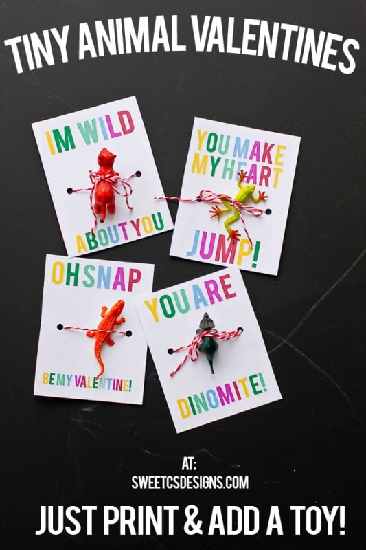 Tiny Animal Valentines- just print and add a toy to these adorable non candy valentine treats!